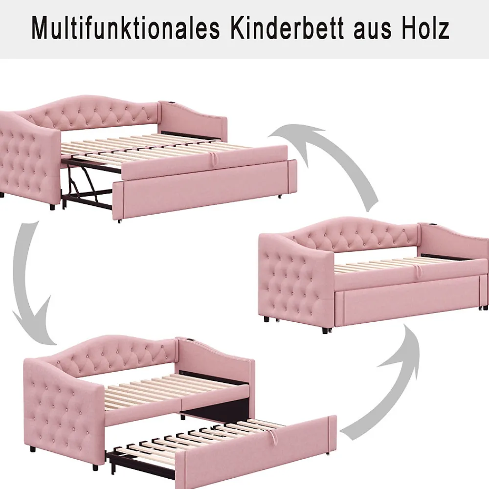 Lit Gigogne 90x200 cm, Tissu Lin Rose, Canapé Classique avec Boutons Décoratifs, Lit d'Appoint Multifonction - Sans Matelas>Okwish