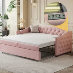Lit Gigogne 90x200 cm, Tissu Lin Rose, Canapé Classique avec Boutons Décoratifs, Lit d'Appoint Multifonction - Sans Matelas><noscript><img width=