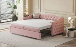 Lit Gigogne 90x200 cm, Tissu Lin Rose, Canapé Classique avec Boutons Décoratifs, Lit d'Appoint Multifonction - Sans Matelas><noscript><img width=