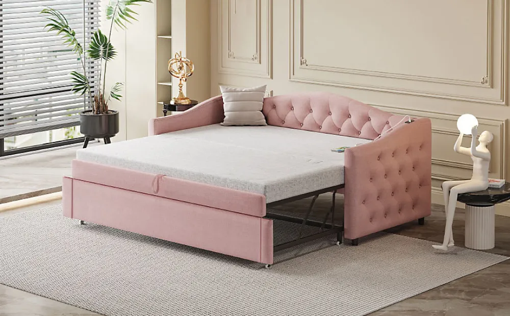 Lit Gigogne 90x200 cm, Tissu Lin Rose, Canapé Classique avec Boutons Décoratifs, Lit d'Appoint Multifonction - Sans Matelas>Okwish