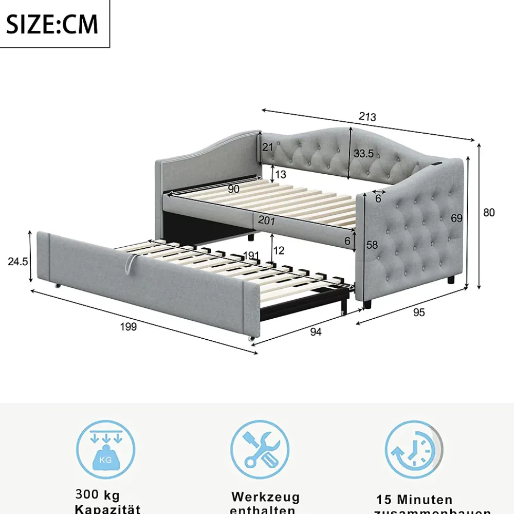 Okwish Lit Gigogne 90x200 cm, Tissu Lin Gris, Canapé Classique avec Boutons Décoratifs, Lit d'Appoint Multifonction - Sans Matelas* Lit Gigogne