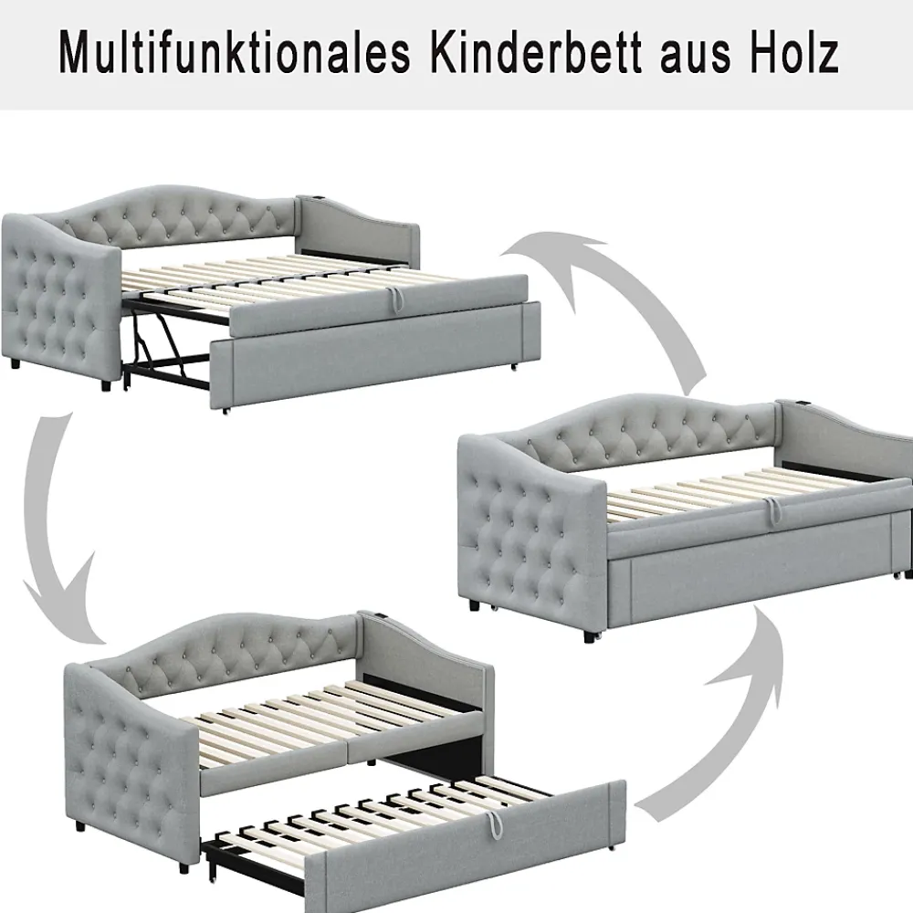 Okwish Lit Gigogne 90x200 cm, Tissu Lin Gris, Canapé Classique avec Boutons Décoratifs, Lit d'Appoint Multifonction - Sans Matelas* Lit Gigogne