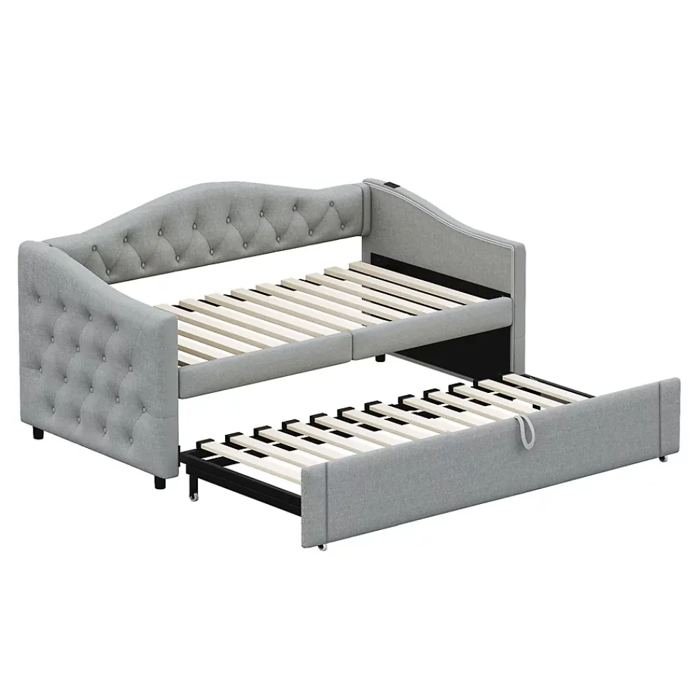 Okwish Lit Gigogne 90x200 cm, Tissu Lin Gris, Canapé Classique avec Boutons Décoratifs, Lit d'Appoint Multifonction - Sans Matelas* Lit Gigogne