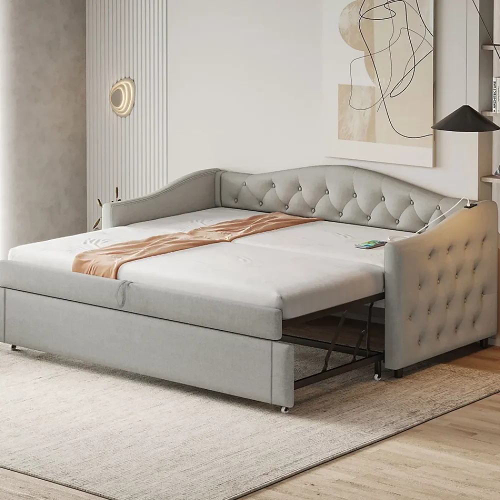 Okwish Lit Gigogne 90x200 cm, Tissu Lin Gris, Canapé Classique avec Boutons Décoratifs, Lit d'Appoint Multifonction - Sans Matelas* Lit Gigogne