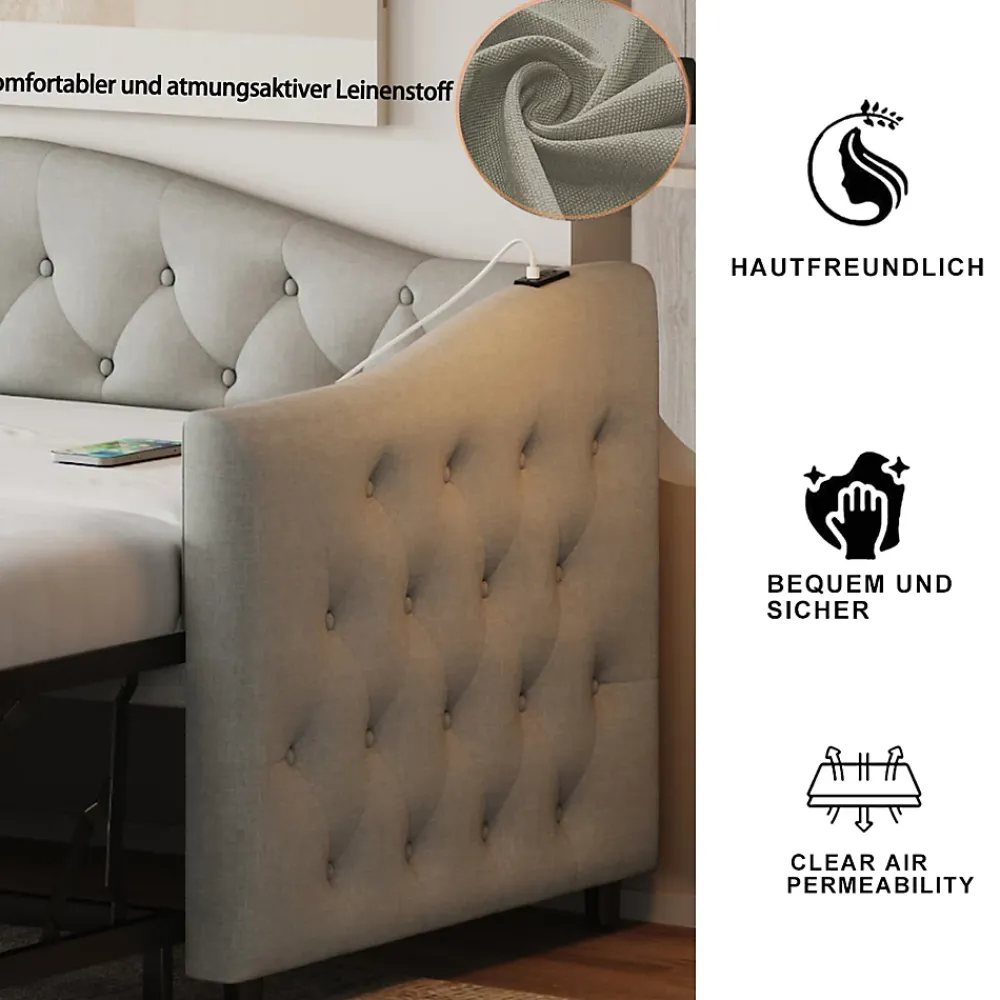 Okwish Lit Gigogne 90x200 cm, Tissu Lin Gris, Canapé Classique avec Boutons Décoratifs, Lit d'Appoint Multifonction - Sans Matelas* Lit Gigogne