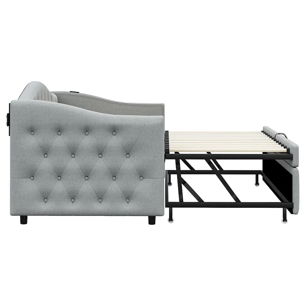 Okwish Lit Gigogne 90x200 cm, Tissu Lin Gris, Canapé Classique avec Boutons Décoratifs, Lit d'Appoint Multifonction - Sans Matelas* Lit Gigogne