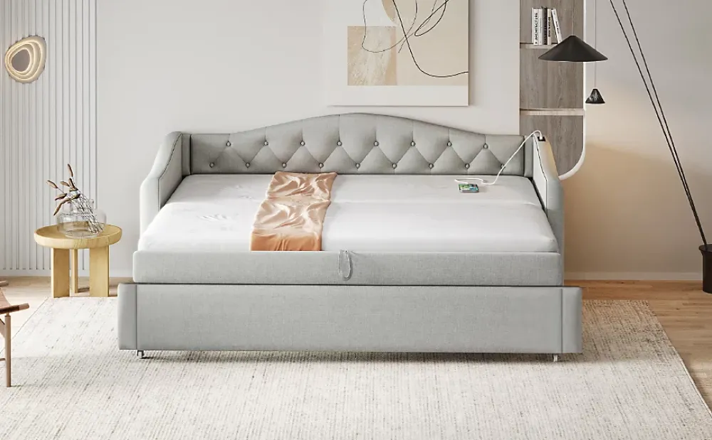 Okwish Lit Gigogne 90x200 cm, Tissu Lin Gris, Canapé Classique avec Boutons Décoratifs, Lit d'Appoint Multifonction - Sans Matelas* Lit Gigogne