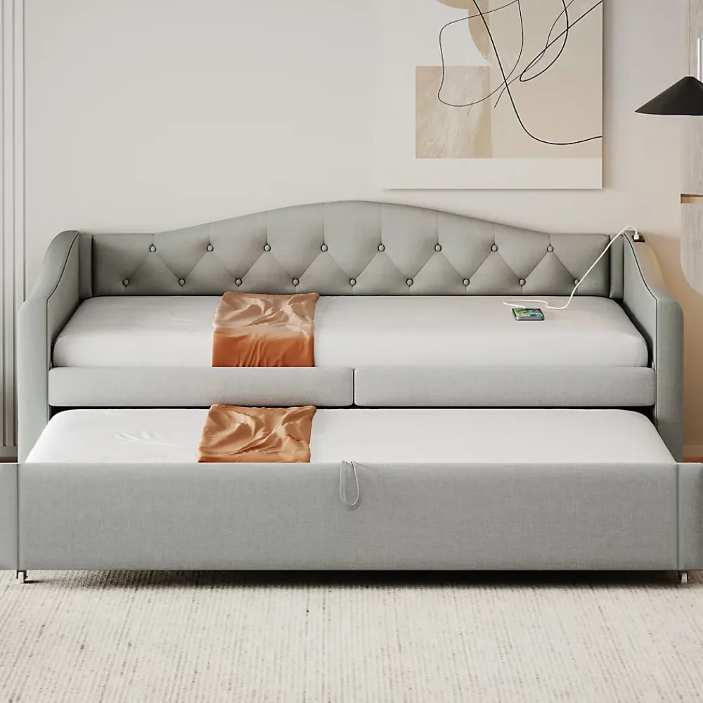 Okwish Lit Gigogne 90x200 cm, Tissu Lin Gris, Canapé Classique avec Boutons Décoratifs, Lit d'Appoint Multifonction - Sans Matelas* Lit Gigogne