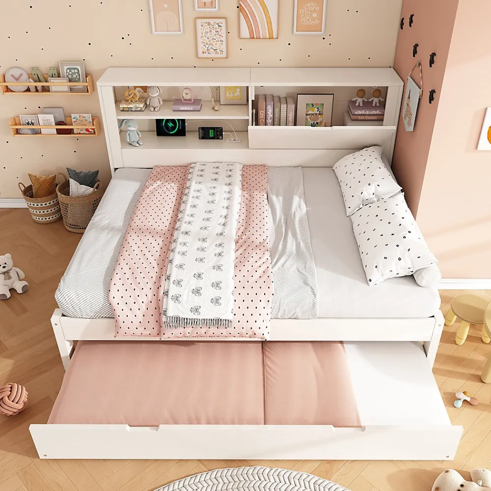 Lit Gigogne 90/140x190 cm, Tête de Lit Rangement et Compartiment Ouvert, USB/USB-C - MDF/Contreplaqué/Panneaux de Particules Blanc>Okwish Best