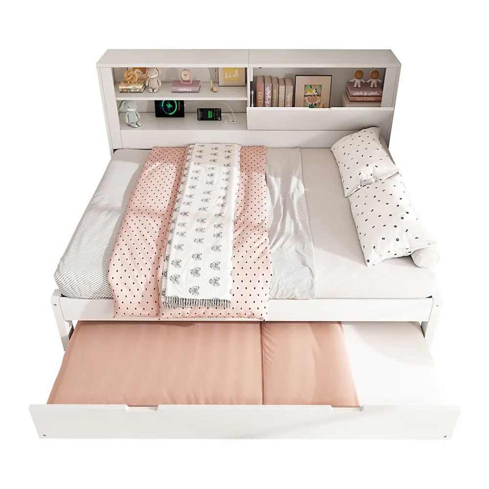 Lit Gigogne 90/140x190 cm, Tête de Lit Rangement et Compartiment Ouvert, USB/USB-C - MDF/Contreplaqué/Panneaux de Particules Blanc>Okwish Best