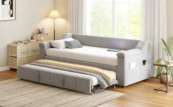 Okwish Lit Gigogne 90/180x190 cm, Velours Gris Clair, avec Port USB, Rangement Intégré, Accoudoirs Larges, Système Audio Bluetooth* Lit Gigogne