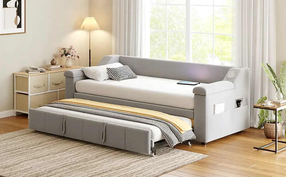 Okwish Lit Gigogne 90/180x190 cm, Velours Gris Clair, avec Port USB, Rangement Intégré, Accoudoirs Larges, Système Audio Bluetooth* Lit Gigogne