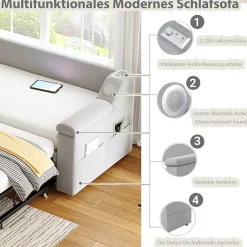 Okwish Lit Gigogne 90/180x190 cm, Velours Gris Clair, avec Port USB, Rangement Intégré, Accoudoirs Larges, Système Audio Bluetooth* Lit Gigogne