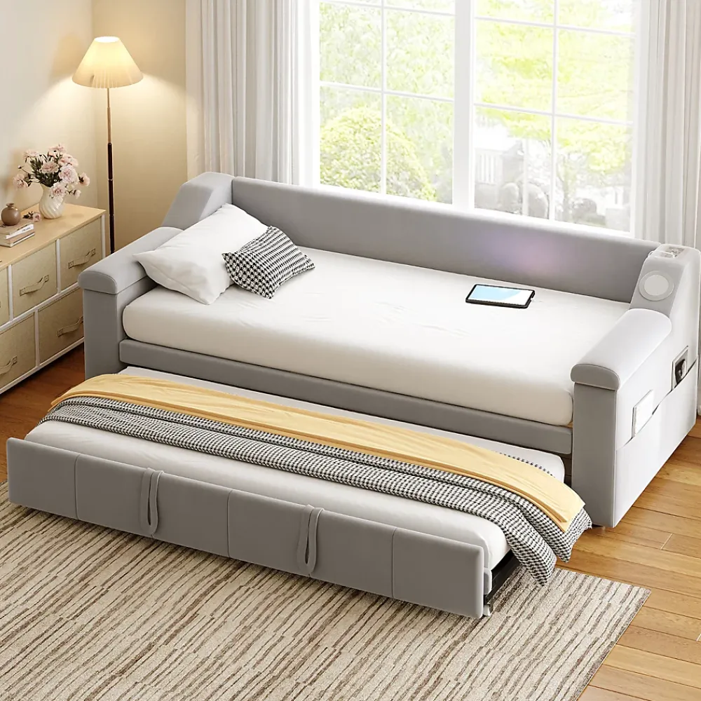 Okwish Lit Gigogne 90/180x190 cm, Velours Gris Clair, avec Port USB, Rangement Intégré, Accoudoirs Larges, Système Audio Bluetooth* Lit Gigogne