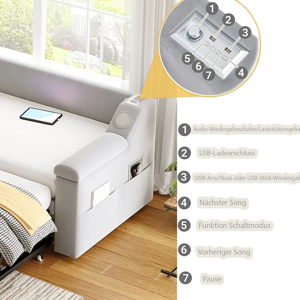 Okwish Lit Gigogne 90/180x190 cm, Velours Gris Clair, avec Port USB, Rangement Intégré, Accoudoirs Larges, Système Audio Bluetooth* Lit Gigogne