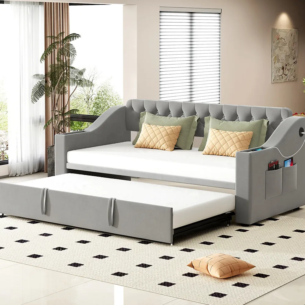 Lit Gigogne 90x190 cm, Velours Gris, Lit Multifonction avec Port USB, Accoudoirs avec Rangement - Sans Matelas>Okwish Best