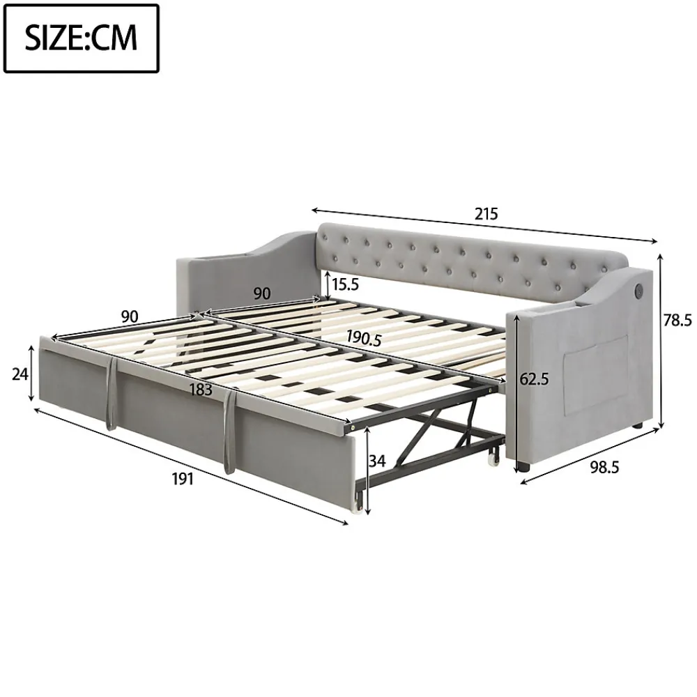 Lit Gigogne 90x190 cm, Velours Gris, Lit Multifonction avec Port USB, Accoudoirs avec Rangement - Sans Matelas>Okwish Best