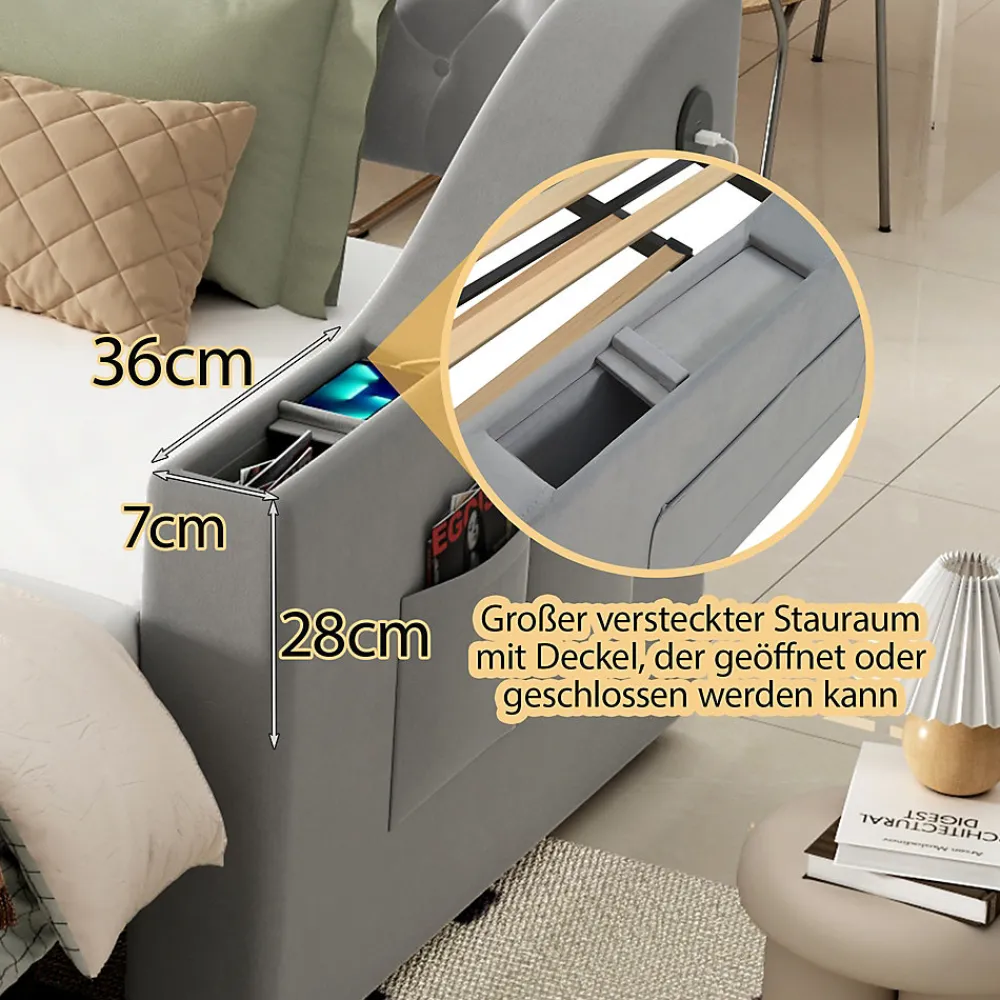 Lit Gigogne 90x190 cm, Velours Gris, Lit Multifonction avec Port USB, Accoudoirs avec Rangement - Sans Matelas>Okwish Best