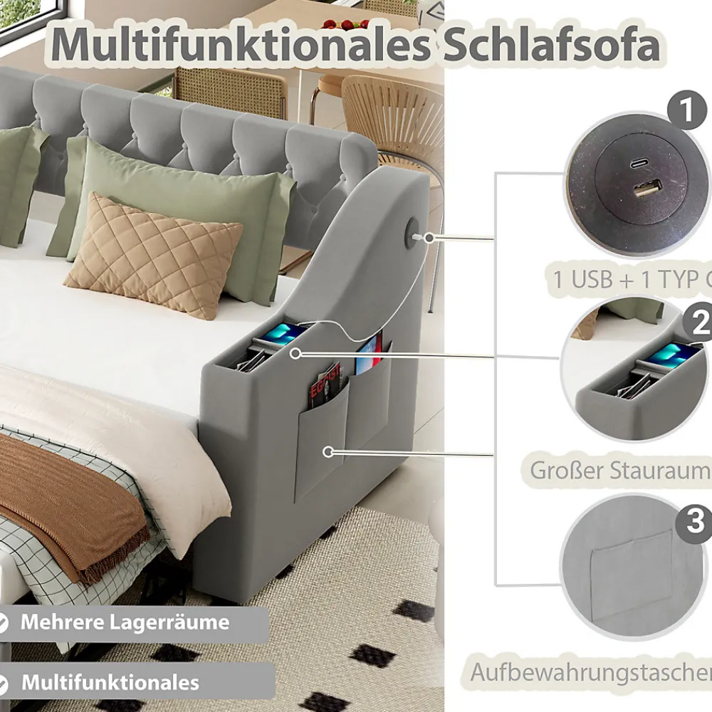 Lit Gigogne 90x190 cm, Velours Gris, Lit Multifonction avec Port USB, Accoudoirs avec Rangement - Sans Matelas>Okwish Best