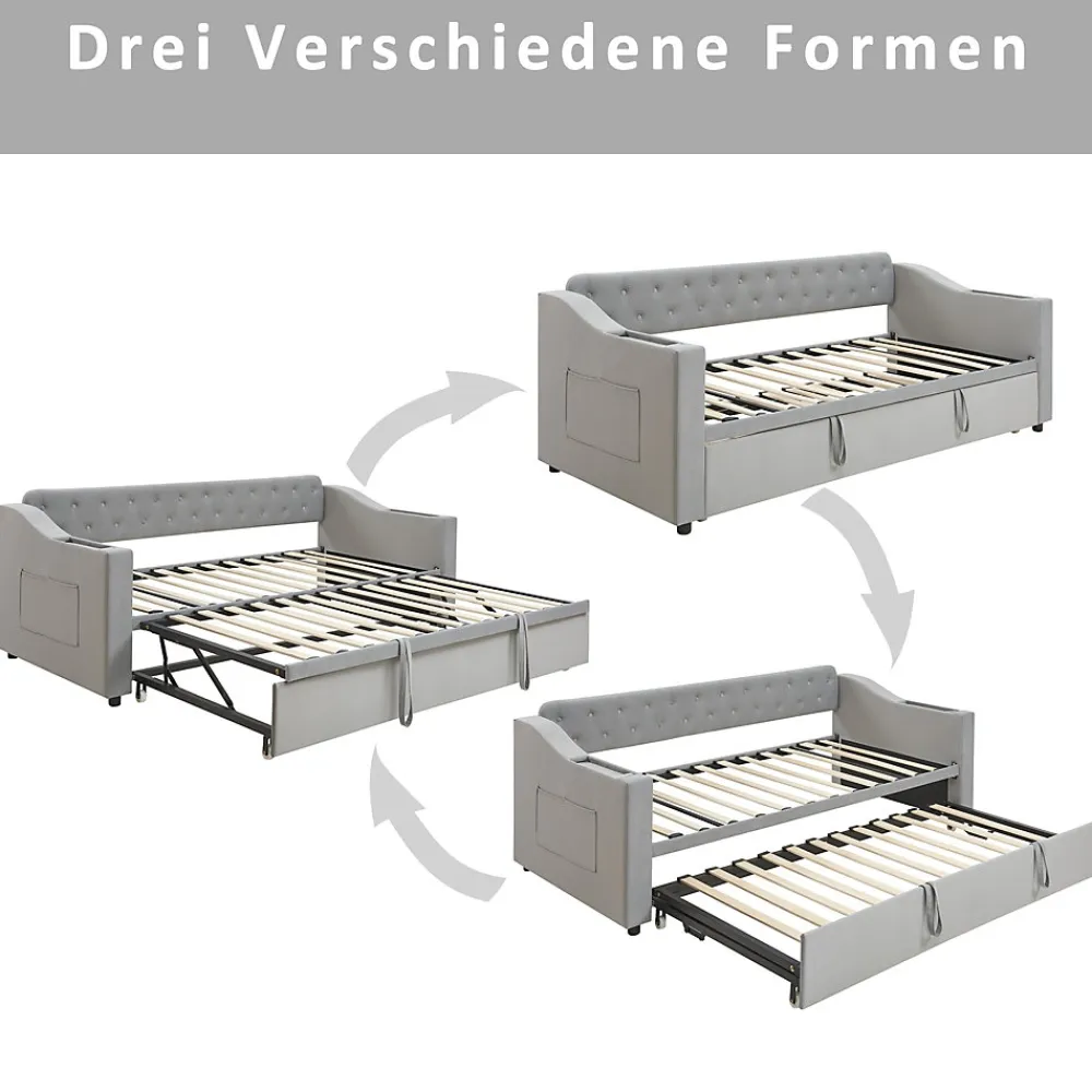 Lit Gigogne 90x190 cm, Velours Gris, Lit Multifonction avec Port USB, Accoudoirs avec Rangement - Sans Matelas>Okwish Best