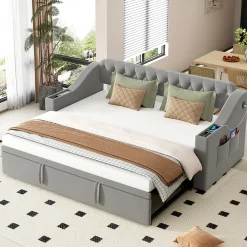 Lit Gigogne 90x190 cm, Velours Gris, Lit Multifonction avec Port USB, Accoudoirs avec Rangement - Sans Matelas><noscript><img width=