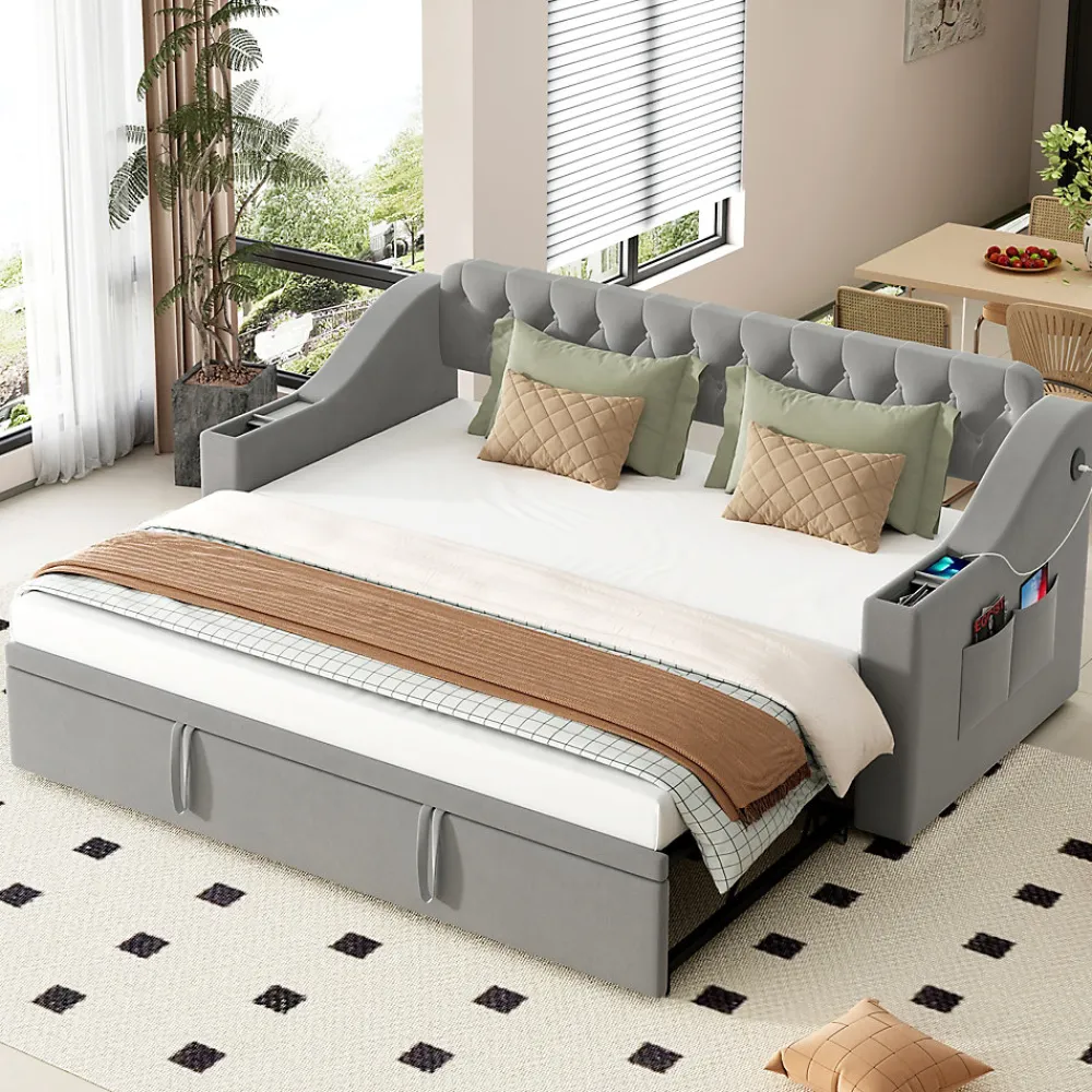 Lit Gigogne 90x190 cm, Velours Gris, Lit Multifonction avec Port USB, Accoudoirs avec Rangement - Sans Matelas>Okwish Best