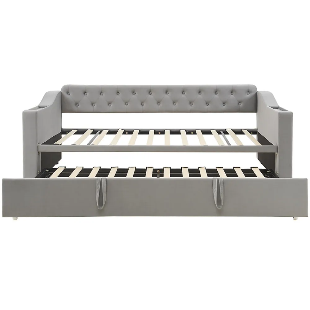 Lit Gigogne 90x190 cm, Velours Gris, Lit Multifonction avec Port USB, Accoudoirs avec Rangement - Sans Matelas>Okwish Best