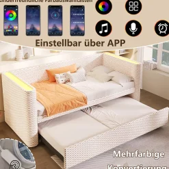Okwish Lit Gigogne 90x200 cm/180x200 cm - Lit Simple et Double avec Éclairage LED Multifonction - en Velours - sans Matelas - Beige* Lit Gigogne