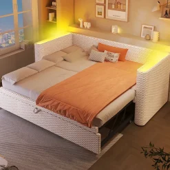 Okwish Lit Gigogne 90x200 cm/180x200 cm - Lit Simple et Double avec Éclairage LED Multifonction - en Velours - sans Matelas - Beige* Lit Gigogne