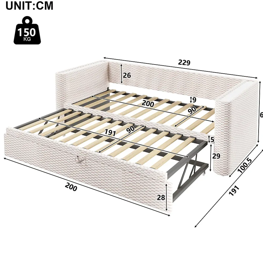 Okwish Lit Gigogne 90x200 cm/180x200 cm - Lit Simple et Double avec Éclairage LED Multifonction - en Velours - sans Matelas - Beige* Lit Gigogne