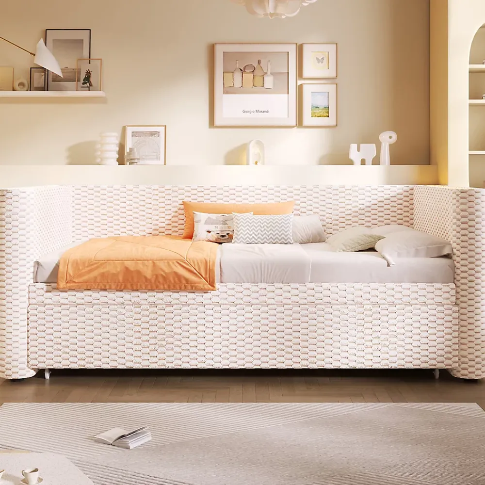 Okwish Lit Gigogne 90x200 cm/180x200 cm - Lit Simple et Double avec Éclairage LED Multifonction - en Velours - sans Matelas - Beige* Lit Gigogne