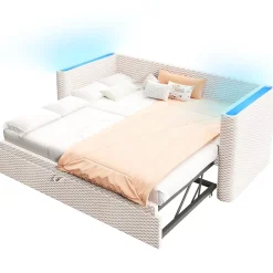 Okwish Lit Gigogne 90x200 cm/180x200 cm - Lit Simple et Double avec Éclairage LED Multifonction - en Velours - sans Matelas - Beige* Lit Gigogne