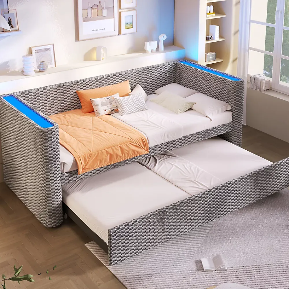 Okwish Lit Gigogne 90x200 cm/180x200 cm - Lit Simple et Double avec Éclairage LED Multifonction - en Velours - sans Matelas - Gris* Lit Gigogne