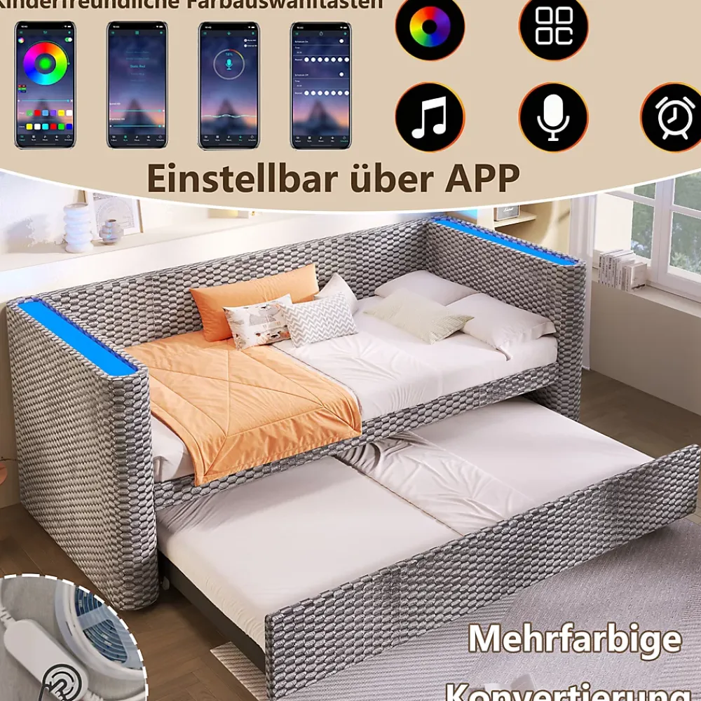 Okwish Lit Gigogne 90x200 cm/180x200 cm - Lit Simple et Double avec Éclairage LED Multifonction - en Velours - sans Matelas - Gris* Lit Gigogne