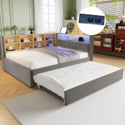 Lit Gigogne 140x200 cm/90x190 cm, Lit Double et Port USB, Rangements Intégrés et Éclairage LED - Tissu Gris Foncé - Sans Matelas>Okwish Clearance