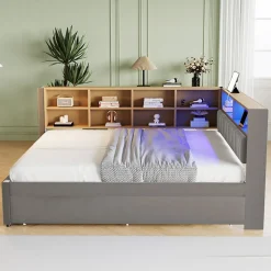 Lit Gigogne 140x200 cm/90x190 cm, Lit Double et Port USB, Rangements Intégrés et Éclairage LED - Tissu Gris Foncé - Sans Matelas><noscript><img width=