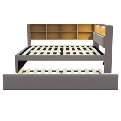 Lit Gigogne 140x200 cm/90x190 cm, Lit Double et Port USB, Rangements Intégrés et Éclairage LED - Tissu Gris Foncé - Sans Matelas><noscript><img width=