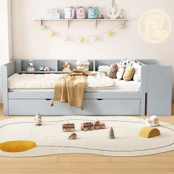 ProximaX Lit gigogne 90x200cm+90x180cm, avec petit bureau, trois étagères sur le côté du lit, gris* Sommier