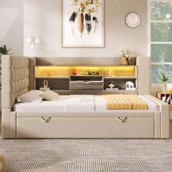 Okwish Lit Gigogne 90x200/90x190 cm - Lit Rembourré avec LED et Tête de Lit L-Forme Rangement, en Lin - sans Matelas Beige* Lit Gigogne