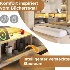 Okwish Lit Gigogne 90x200/90x190 cm - Lit Rembourré avec LED et Tête de Lit L-Forme Rangement, en Lin - sans Matelas Beige* Lit Gigogne
