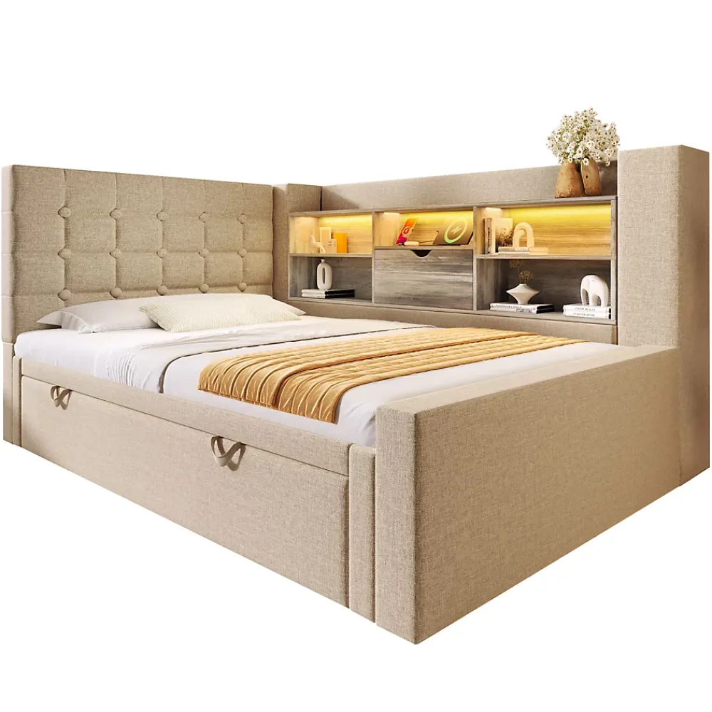 Okwish Lit Gigogne 90x200/90x190 cm - Lit Rembourré avec LED et Tête de Lit L-Forme Rangement, en Lin - sans Matelas Beige* Lit Gigogne