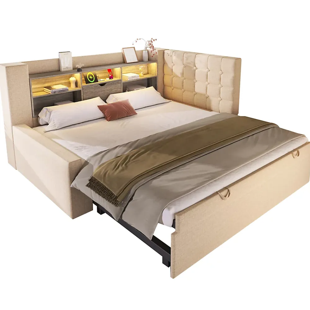 Okwish Lit Gigogne 90x200/90x190 cm - Lit Rembourré avec LED et Tête de Lit L-Forme Rangement, en Lin - sans Matelas Beige* Lit Gigogne