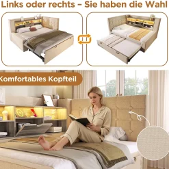 Okwish Lit Gigogne 90x200/90x190 cm - Lit Rembourré avec LED et Tête de Lit L-Forme Rangement, en Lin - sans Matelas Beige* Lit Gigogne