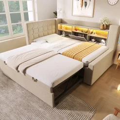 Okwish Lit Gigogne 90x200/90x190 cm - Lit Rembourré avec LED et Tête de Lit L-Forme Rangement, en Lin - sans Matelas Beige* Lit Gigogne