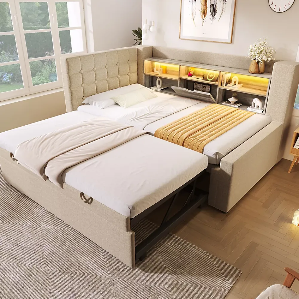 Okwish Lit Gigogne 90x200/90x190 cm - Lit Rembourré avec LED et Tête de Lit L-Forme Rangement, en Lin - sans Matelas Beige* Lit Gigogne