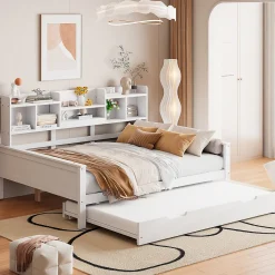 Lit Gigogne 90x190/140x200 cm avec Lit Tiroir et Tiroirs de Rangement, Bois Blanc, Sommier À Lattes pour Chambre enfant, Blanc>Okwish Best