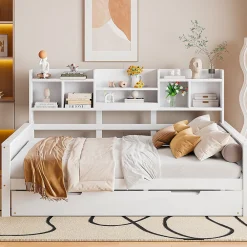 Lit Gigogne 90x190/140x200 cm avec Lit Tiroir et Tiroirs de Rangement, Bois Blanc, Sommier À Lattes pour Chambre enfant, Blanc>Okwish Best