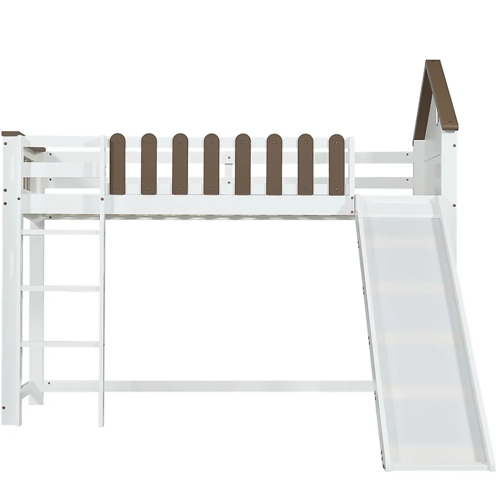 Fortuna lai Lit haut 90x200 cm avec toit, fenêtres, échelle 3 marches, sécurité, cadre bois, blanc*Enfant Lit Enfant