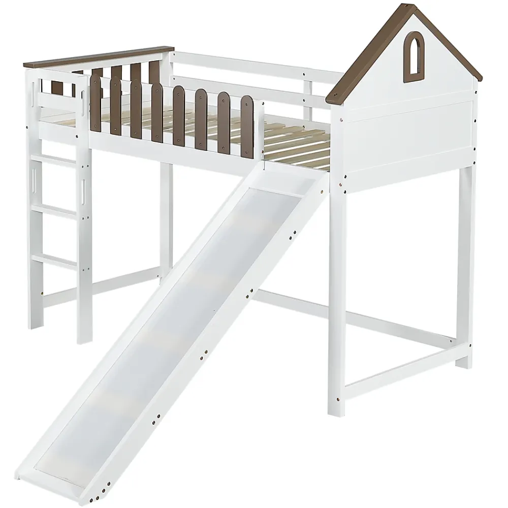 Fortuna lai Lit haut 90x200 cm avec toit, fenêtres, échelle 3 marches, sécurité, cadre bois, blanc*Enfant Lit Enfant