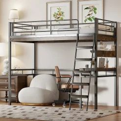 Lit Haut 90x200cm, Bureau, Rangement, Échelle, Métal, Noir>Fortuna lai Sale